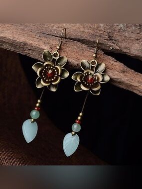 Bohemian Floral Dangle Earrings in Antique Gold with Mint Beads